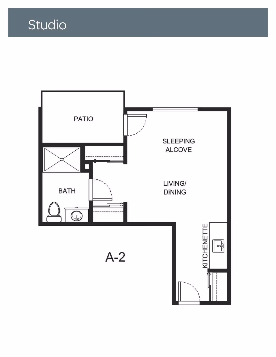 Floor plan of a studio apartment labeled A-2 at Holiday Valencia Commons, showing a patio, bath with toilet and sink, sleeping alcove, living/dining area, and kitchenette.