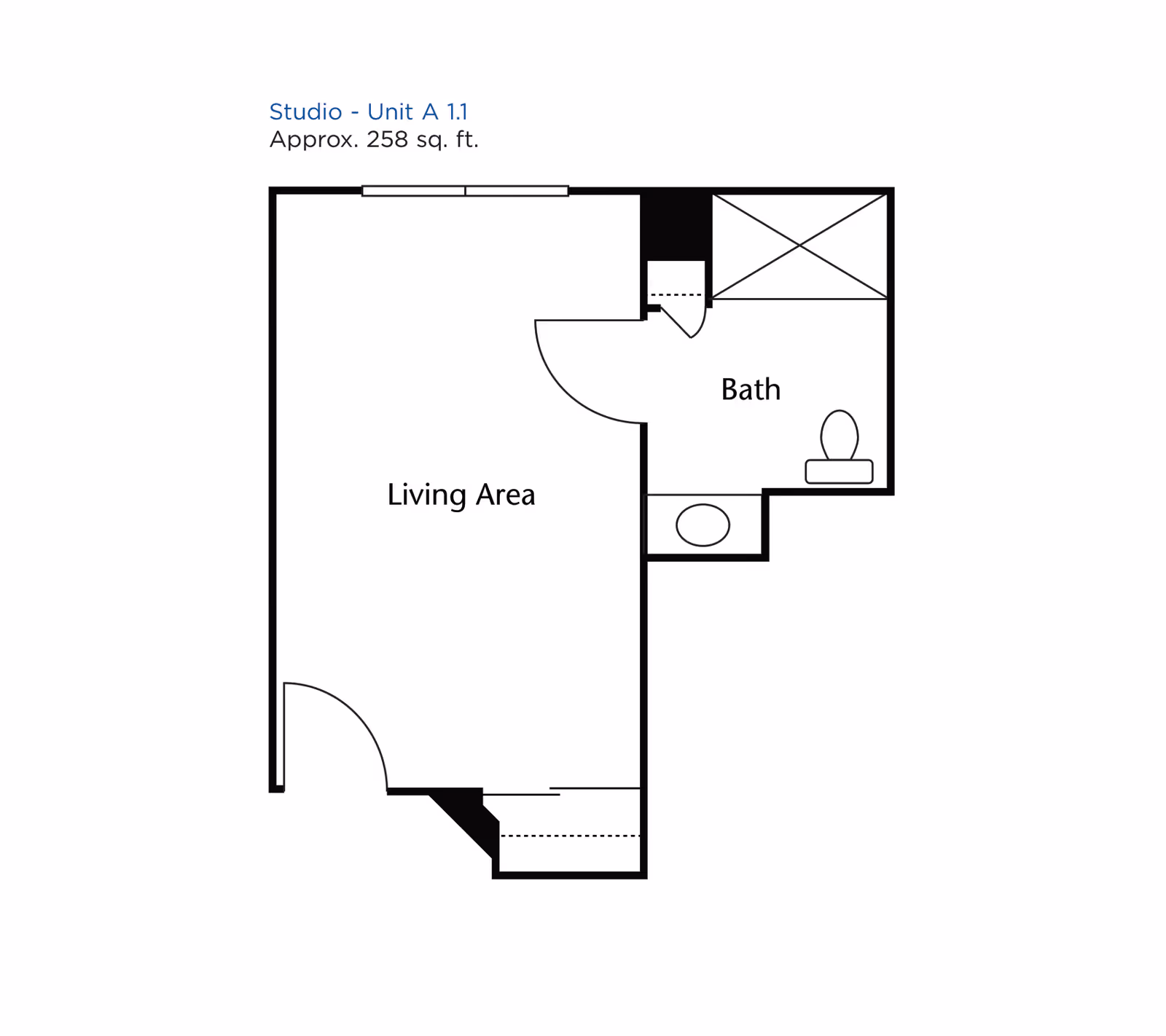 Floor plan of a studio unit labeled A 1.1 with approximately 258 square feet, showing a living area and a separate bath with a toilet and sink.