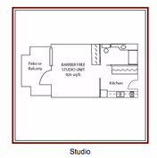 Floor plan of a barrier free studio unit at Elms Residential Center showing a patio or balcony, a main living area labeled as studio unit with 426 sq. ft., a kitchen area, and a bathroom.