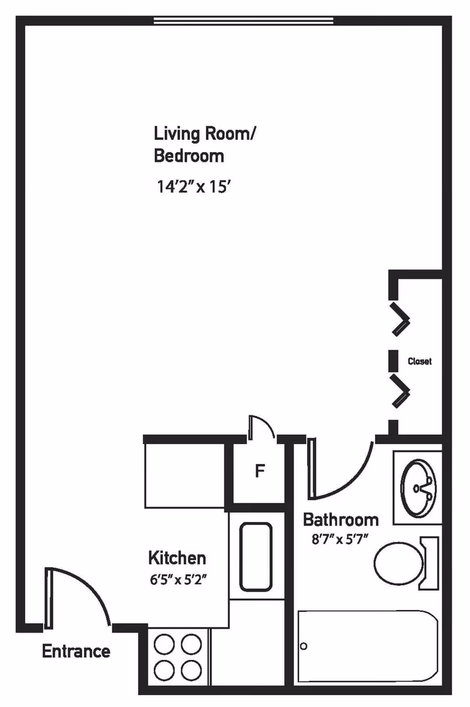 Floor plan of a studio apartment at Brookstone Estates Of Fairfield showing a combined living room and bedroom area measuring 14 feet 2 inches by 15 feet, a kitchen area measuring 6 feet 5 inches by 5 feet 2 inches, and a bathroom measuring 8 feet 7 inches by 5 feet 7 inches. The layout includes an entrance, a closet, and fixtures such as a stove, sink, bathtub, toilet, and bathroom sink.