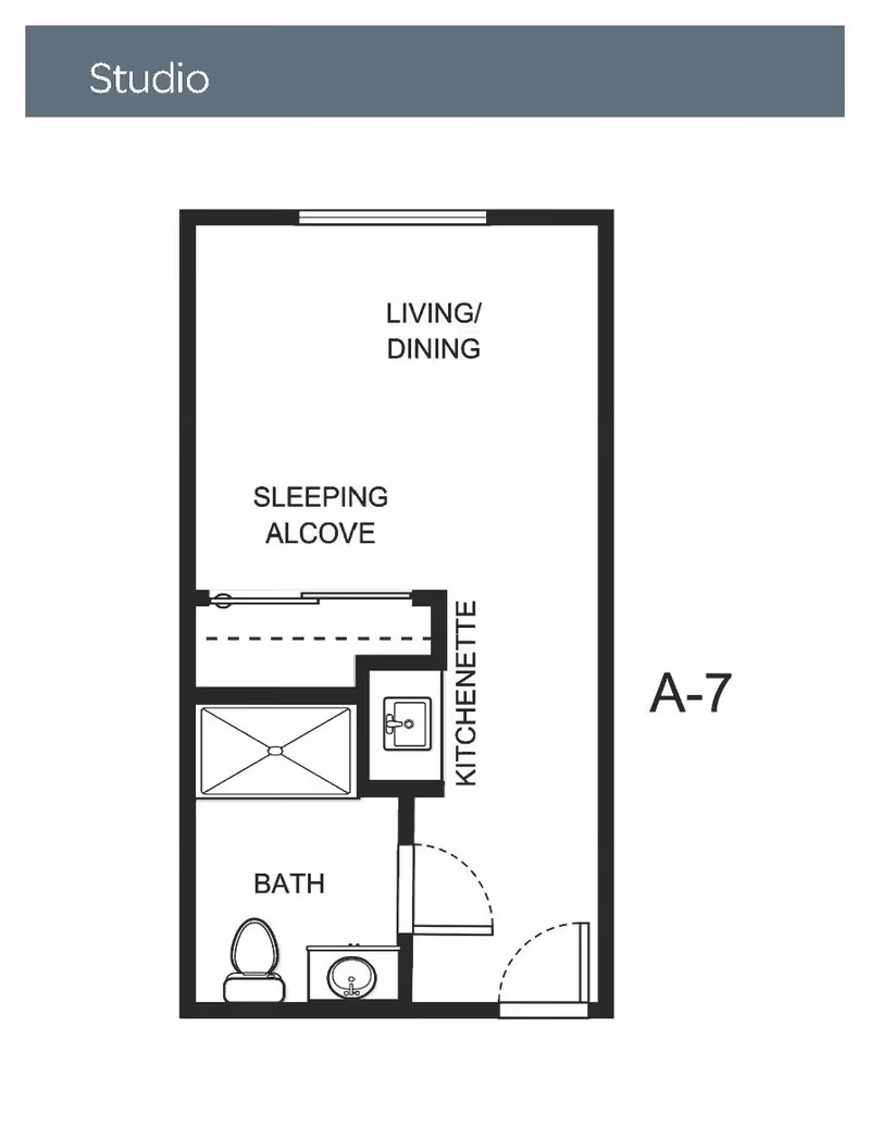 Floor plan of a studio apartment at Holiday Echo Ridge showing a living/dining area, sleeping alcove, kitchenette, and bathroom with toilet and sink.