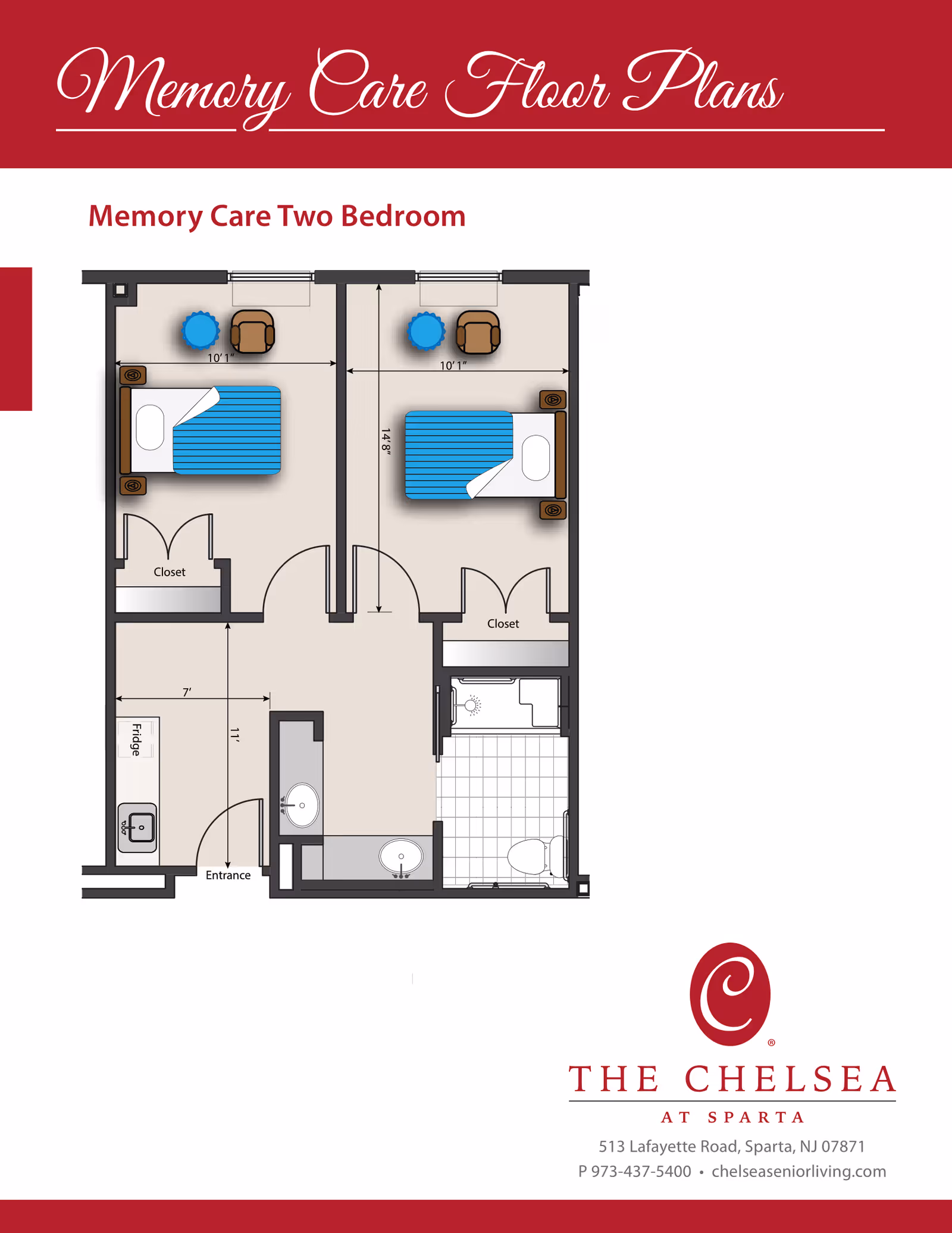 Floor plan illustration labeled 'Memory Care Two Bedroom' showing a two-bedroom apartment layout with two beds, closets, a bathroom, kitchenette and entrance.