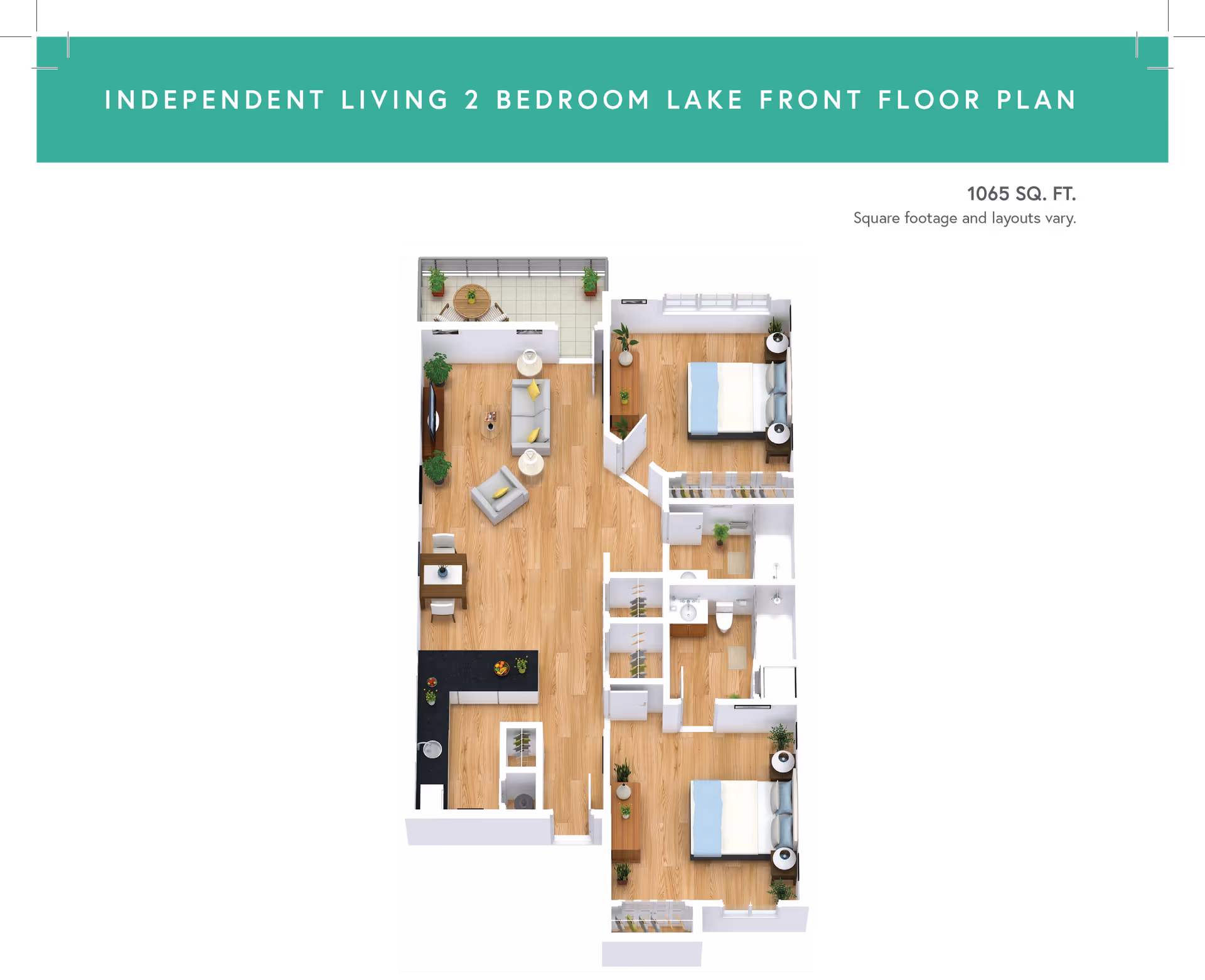 Top-down 3D floor plan of an independent living two-bedroom apartment showing a living area, kitchen, two bedrooms, bathroom, and balcony.