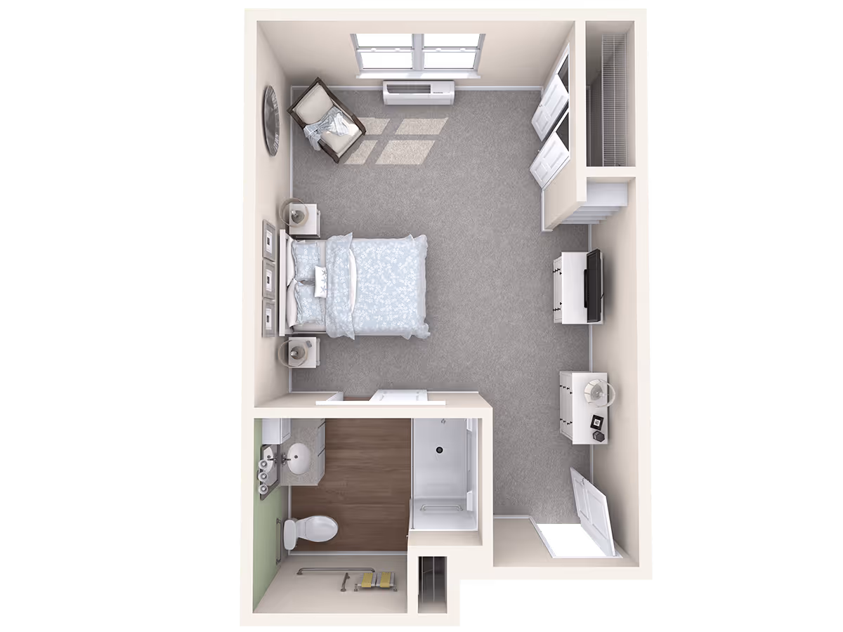Top-down view of a senior living facility apartment layout showing a bedroom with a bed, two nightstands, a chair, a dresser with a TV, and a closet. Attached is a bathroom with a toilet, sink, and shower.