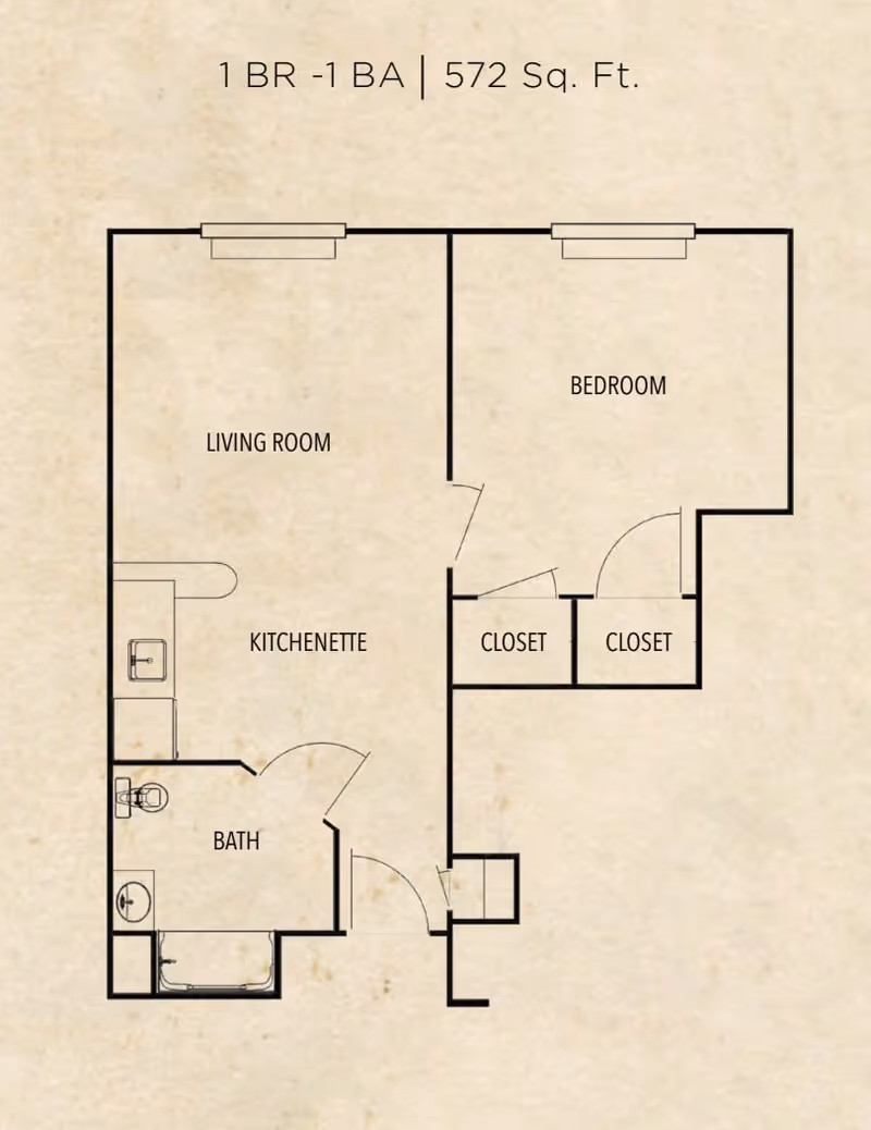 Floor plan of a 1 bedroom, 1 bathroom apartment with 572 square feet. The layout includes a living room, kitchenette, bathroom, bedroom, and two closets.