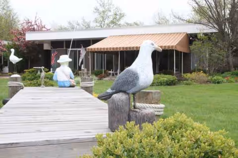 Front yard of a nursing home with a wooden walkway, lawn, and seagull statue.