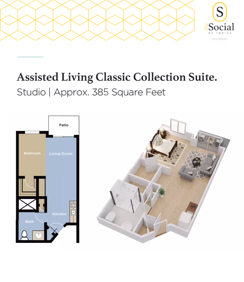 Floor plan and 3D layout of an Assisted Living Classic Collection Suite studio apartment approximately 385 square feet at The Social at Savannah. The layout includes a bedroom area with a bed and nightstands, a living room with a sofa, chair, coffee table, and rug, a kitchen area with appliances, a bathroom with a shower, toilet, and sink, and a patio accessible from the living room.