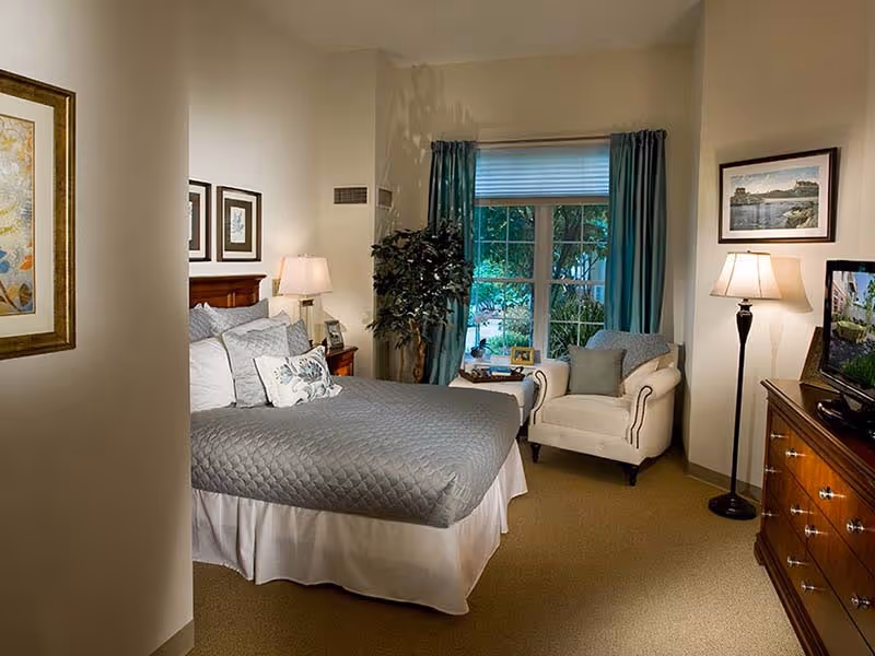 A cozy bedroom with a neatly made bed covered with a gray quilt and multiple pillows. There is a white armchair with a cushion near a window with teal curtains. A wooden dresser with a TV on top and a floor lamp are on the right side. The walls are decorated with framed artwork, and a potted plant is placed near the window.