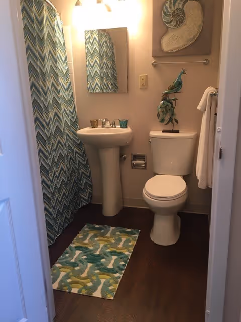 Small bathroom with a white pedestal sink, a toilet, a towel hanging on a rack, and a shower with a blue and green chevron-patterned curtain. There is a colorful rug on the wooden floor, a mirror above the sink, and a decorative peacock sculpture on top of the toilet tank. A framed seashell artwork hangs on the wall above the towel rack.
