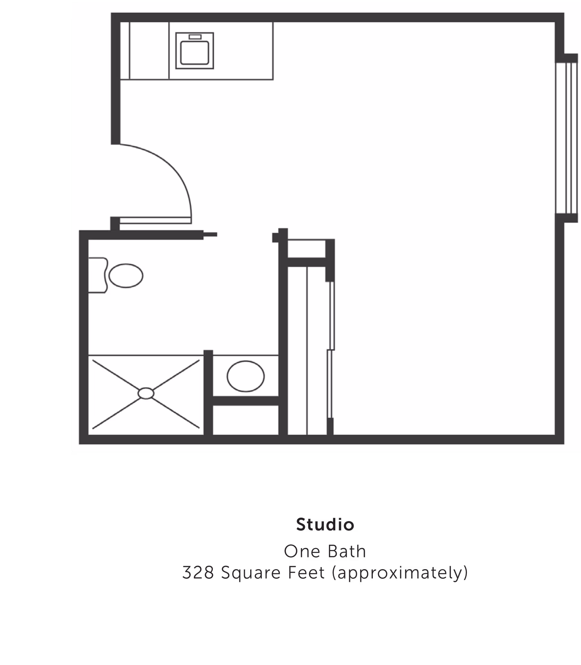 Black-and-white floor plan of a studio apartment showing a kitchenette, one bathroom with shower and toilet, and an open living area.