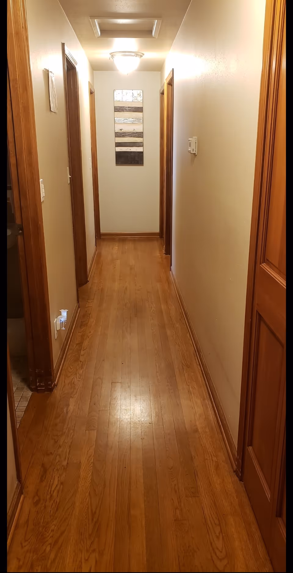 A narrow hallway with wooden flooring and beige walls, featuring several wooden door frames on both sides and a ceiling light fixture at the end. A decorative wall art piece is hung on the far wall.