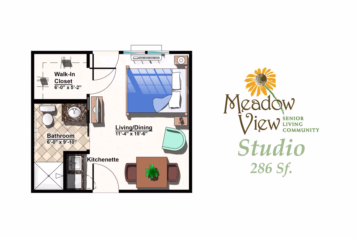 Studio floor plan showing a kitchenette, bathroom, walk-in closet, and combined living/bedroom area alongside the Meadow View Senior Living logo and 'Studio 286 Sf.'