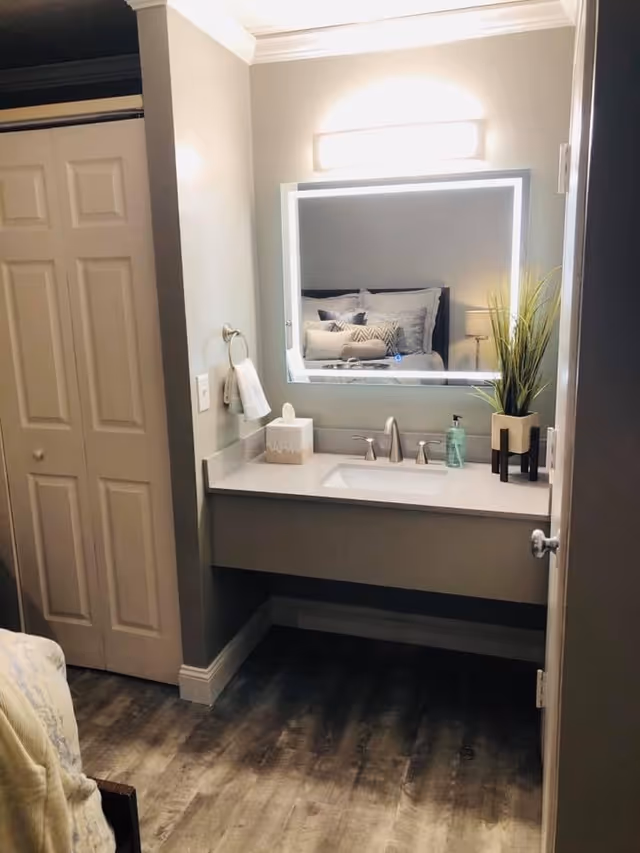 A small vanity area with a sink, faucet, soap dispenser, tissue box, and a potted plant. Above the sink is a large illuminated mirror reflecting a bed with pillows and a bedside lamp. To the left, there is a closed closet with double doors. The floor has wood-like flooring and the walls are painted light gray.