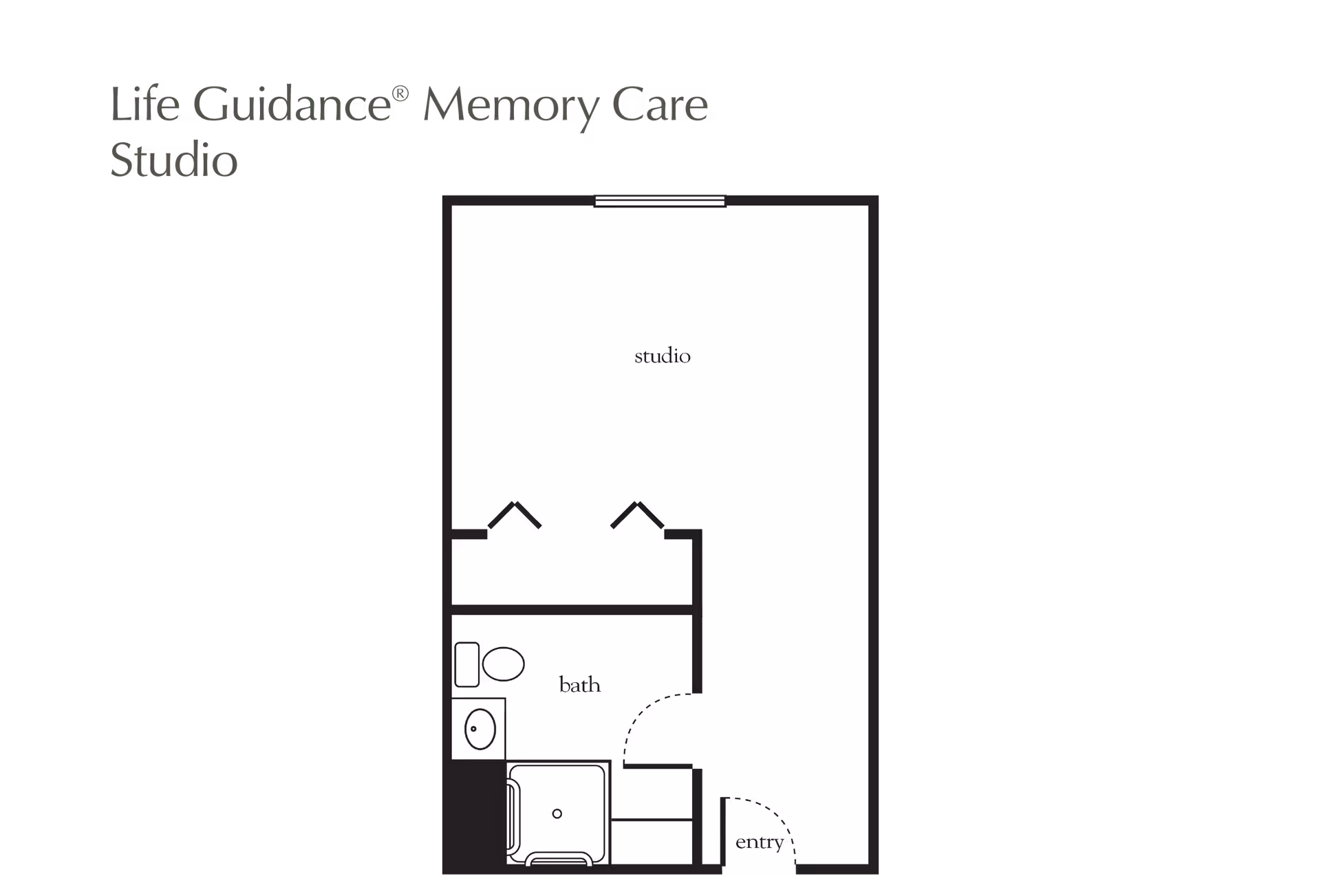 Floor plan layout of a Life Guidance Memory Care Studio apartment showing an entry area, a bathroom with a toilet, sink, and shower, and a large studio living space with two closets.