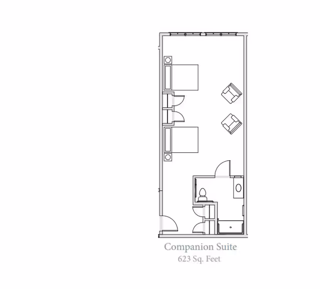 Architectural floor plan of a companion suite at Grand Brook Memory Care of Zionsville, showing a layout with two beds, two chairs, a bathroom with a toilet, sink, and shower, and a total area of 623 square feet.