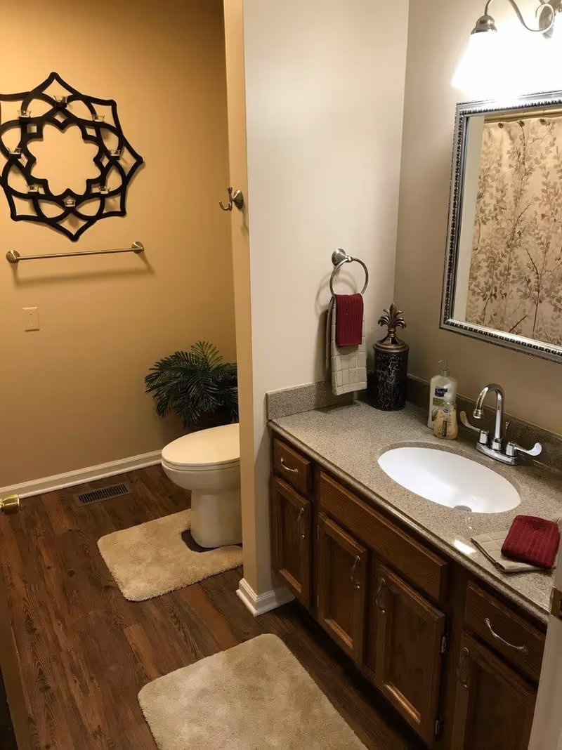 Small bathroom with a sink vanity and mirror on the right, a toilet in an alcove, decorative wall art, and wood-look flooring with bath mats.