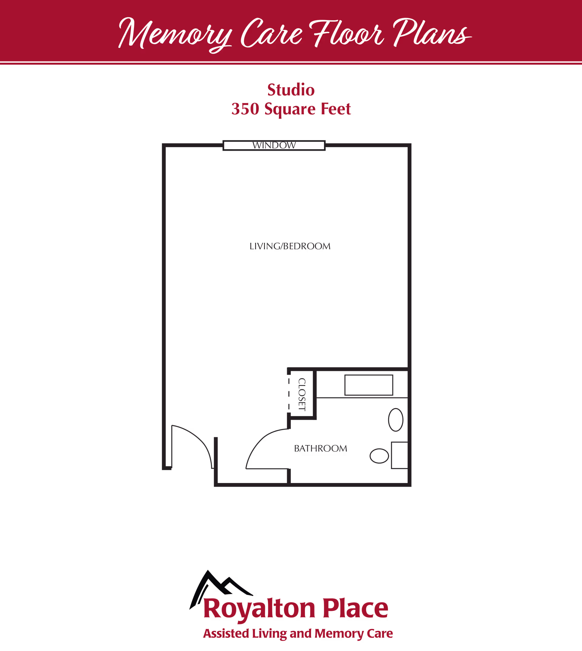 Floor plan for a memory care studio apartment at Royalton Place, showing a 350 square feet layout with a living/bedroom area, a bathroom, a closet, and a window.