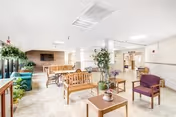Bright communal seating area with wooden benches, chairs, tables, potted plants and a TV mounted on a brick wall.
