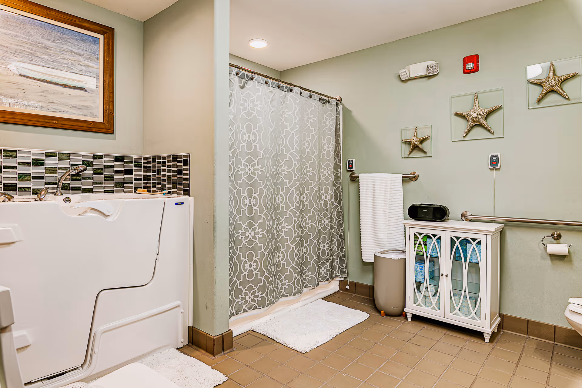 Accessible bathroom with a walk-in bathtub, shower with patterned curtain, towel rack, small cabinet and starfish wall decor.