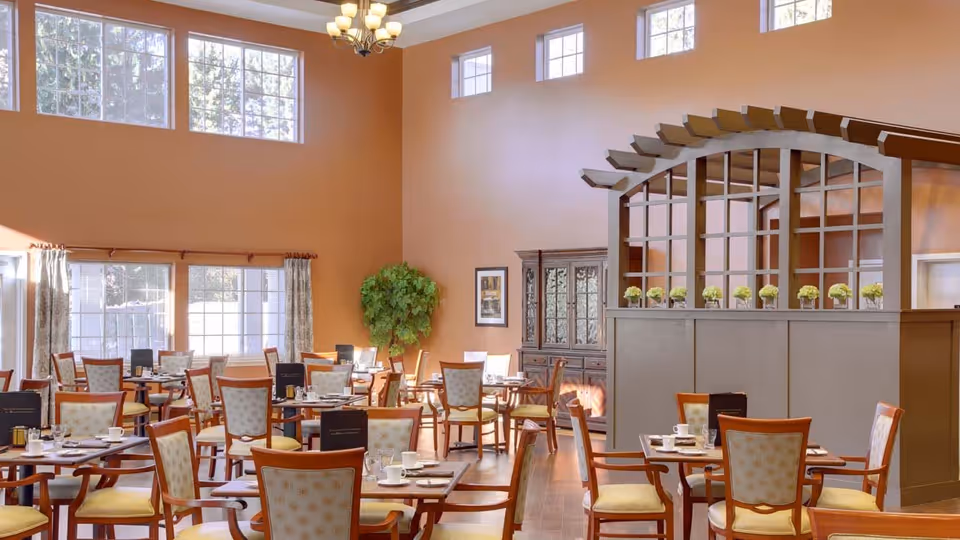 A bright dining room with multiple wooden tables and chairs arranged neatly. The room has large windows allowing natural light to fill the space, beige walls, and a high ceiling. There is a decorative wooden partition with small potted plants on top, and a large green plant in the corner near a wooden cabinet.