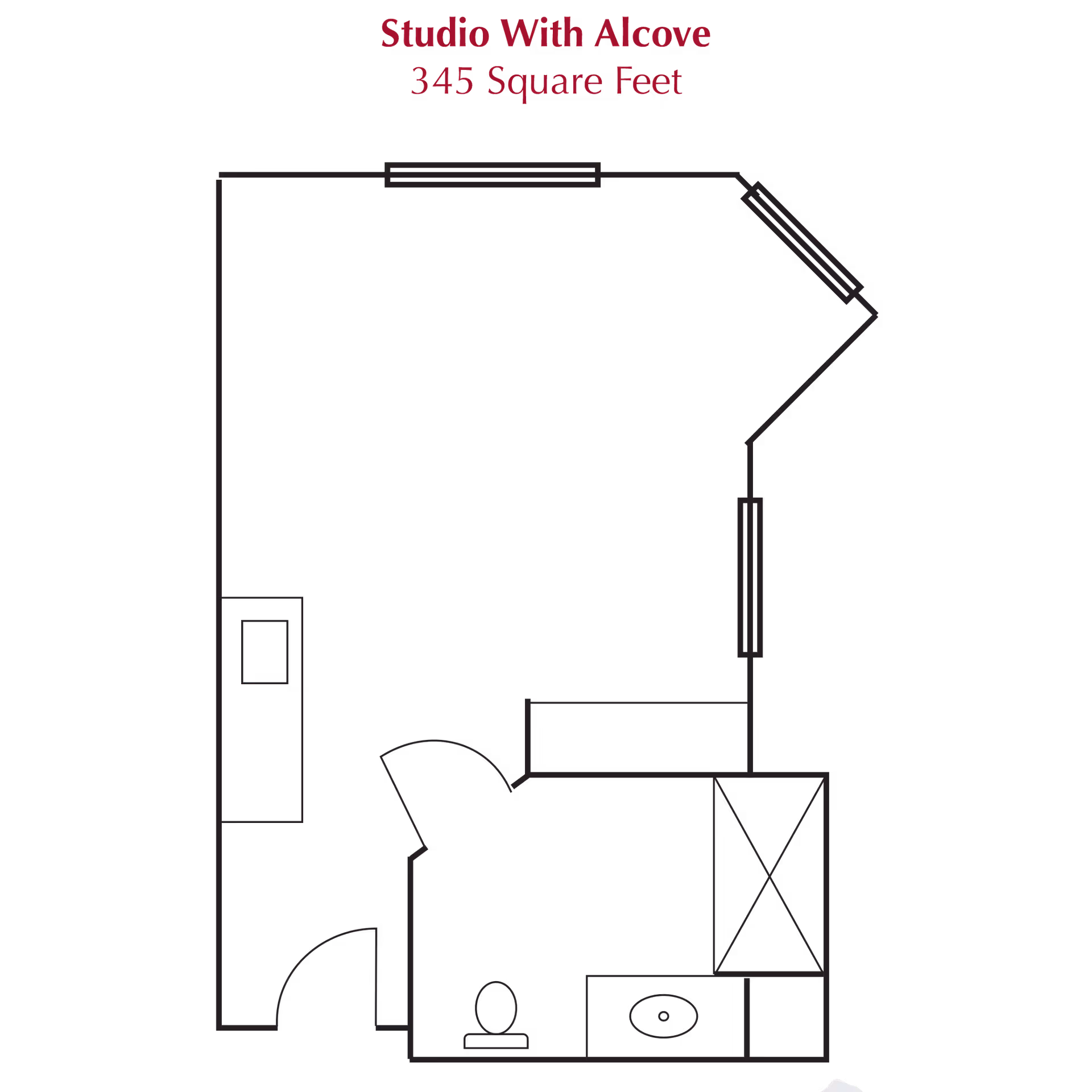 Floor plan layout of a studio apartment with an alcove, totaling 345 square feet. The plan shows an entry door leading into the main living area, a bathroom with a toilet and sink, and a closet space. There are windows on two walls of the main living area.