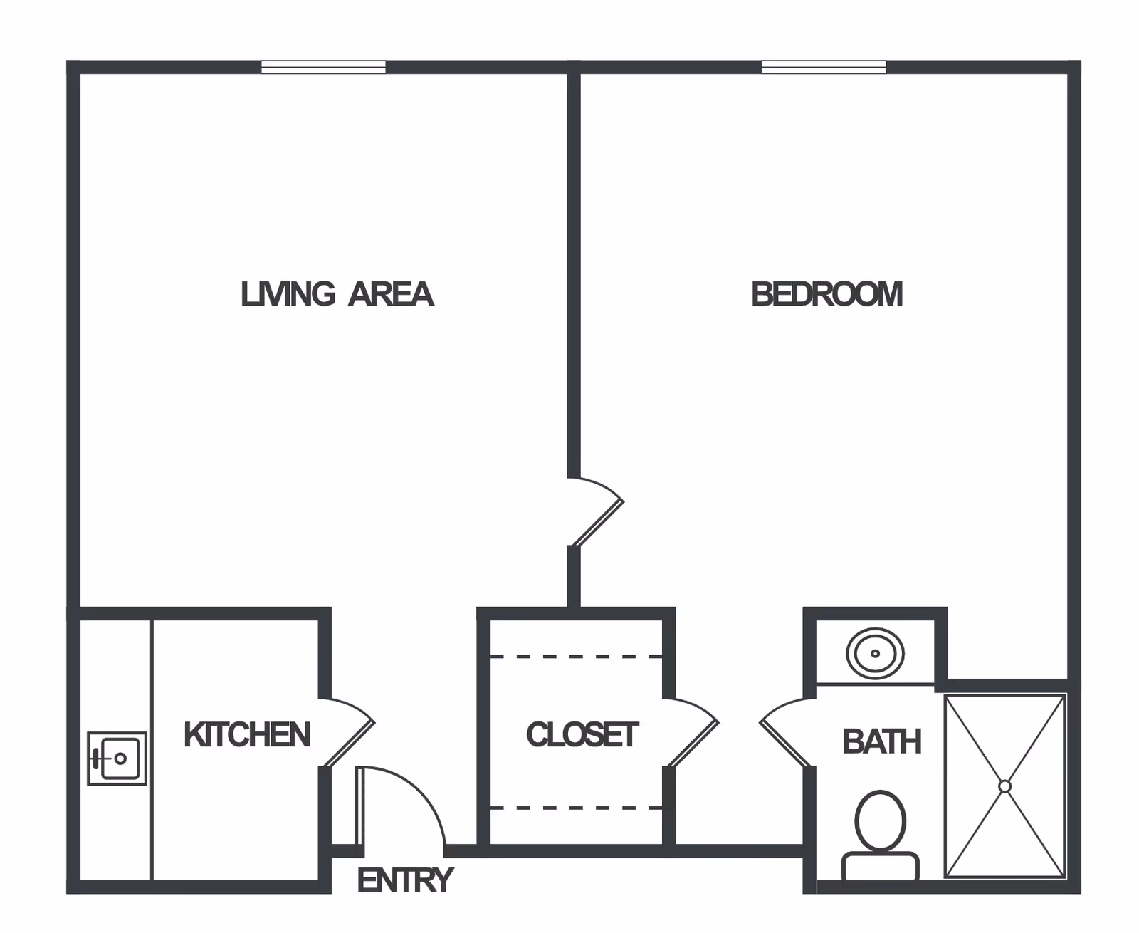 Floor plan layout of a senior living unit at Summerfield Senior Living showing a living area, bedroom, kitchen, closet, entry, and bathroom with a shower, toilet, and sink.