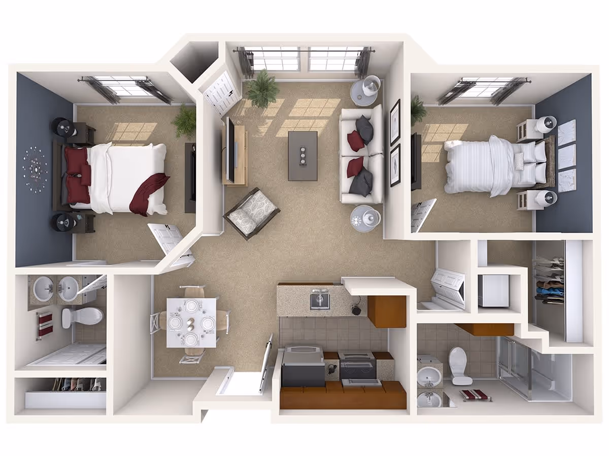 3D floor plan of a senior living apartment featuring two bedrooms, two bathrooms, a living room with sofa and armchair, a dining area with a table set for four, and a kitchen with appliances and cabinetry.