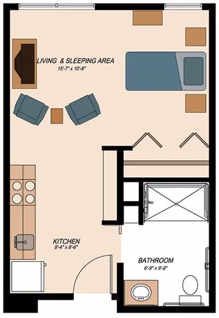 Floor plan of a studio apartment at Vineyard Park of South Hill showing a combined living and sleeping area with a bed, two chairs, a small table, and a TV. The kitchen area includes a stove, sink, and refrigerator. The bathroom has a shower, toilet, and sink.