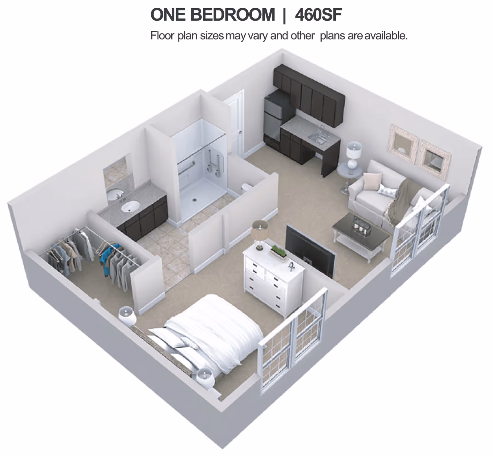 3D floor plan of a one-bedroom apartment measuring 460 square feet, showing a bedroom with a bed and nightstands, a walk-in closet, a bathroom with a shower, a kitchen area with cabinets and appliances, and a living room with a sofa, coffee table, TV, and side table with a lamp.