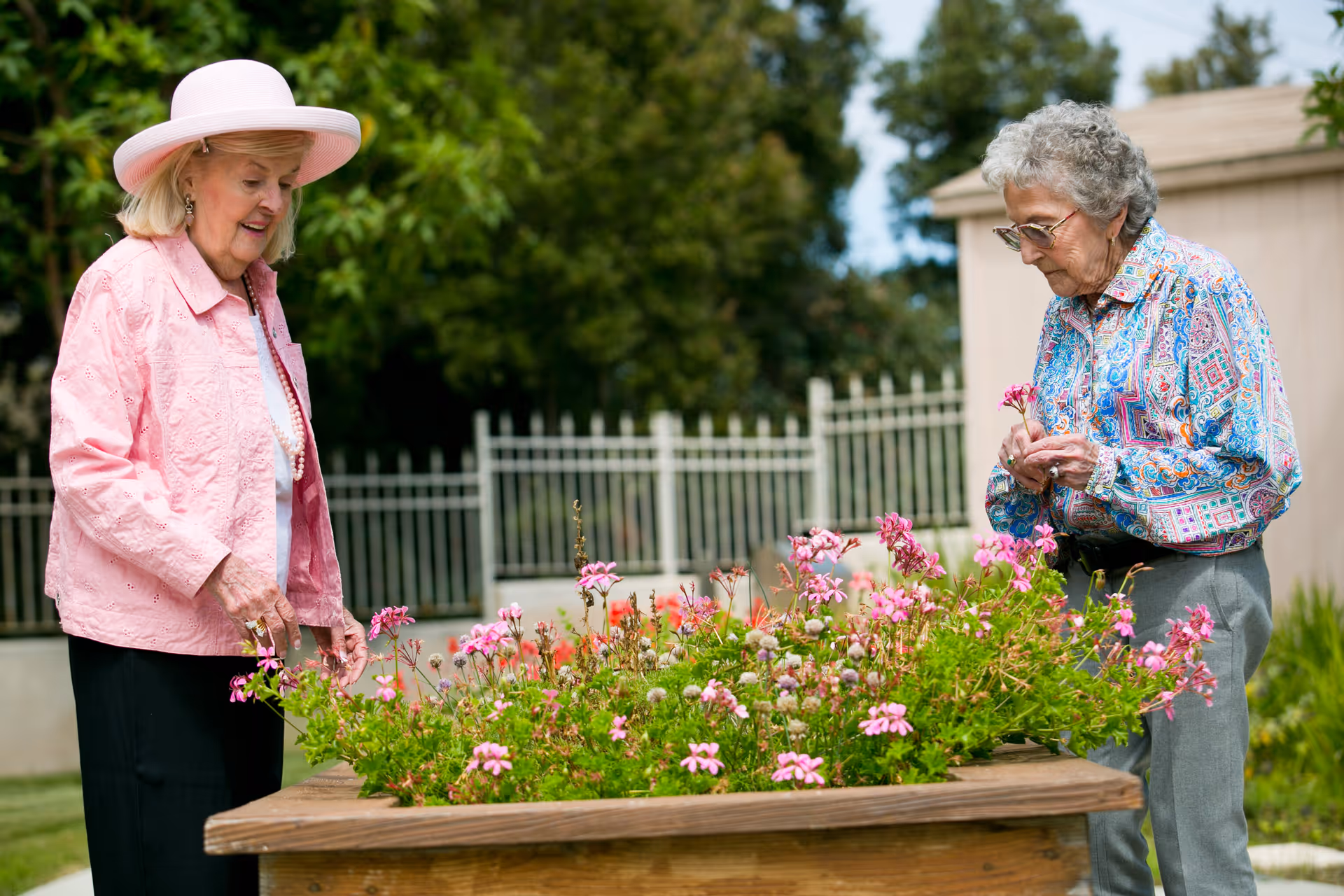 Two elderly women tending to a raised garden bed filled with pink flowers outdoors. One woman is wearing a pink hat and pink jacket, while the other is wearing glasses and a colorful patterned shirt. There is a white fence and greenery in the background.