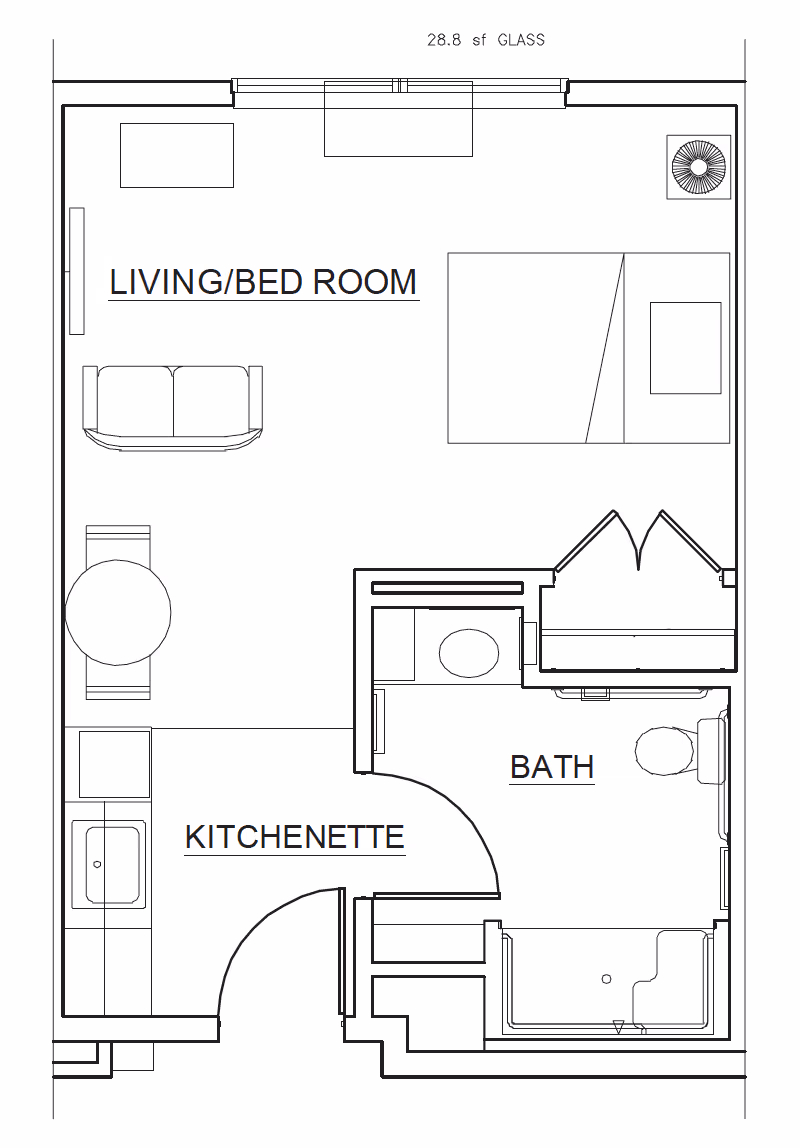Architectural floor plan of a senior living studio apartment at Vivera Senior Living of Columbus, showing a combined living and bedroom area with a sofa, bed, and small table, a kitchenette with a sink and counter space, and a bathroom with a toilet, sink, and bathtub.