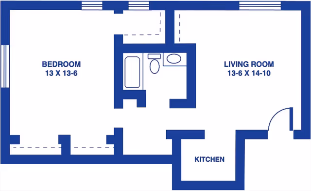 Blue-and-white floor plan of a one-bedroom apartment showing a labeled bedroom, living room, kitchen, and central bathroom.