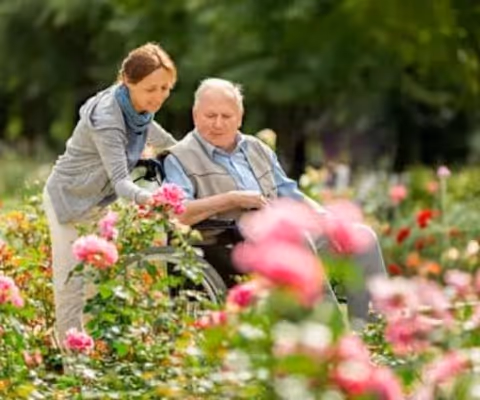 A woman is assisting an elderly man in a wheelchair as they enjoy a garden filled with blooming pink flowers and greenery.