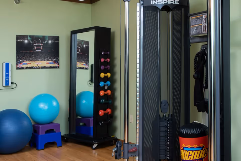 A small fitness room with exercise equipment including a weight machine, colorful dumbbells on a rack, two large exercise balls on stools, and a wall-mounted picture of a basketball game.