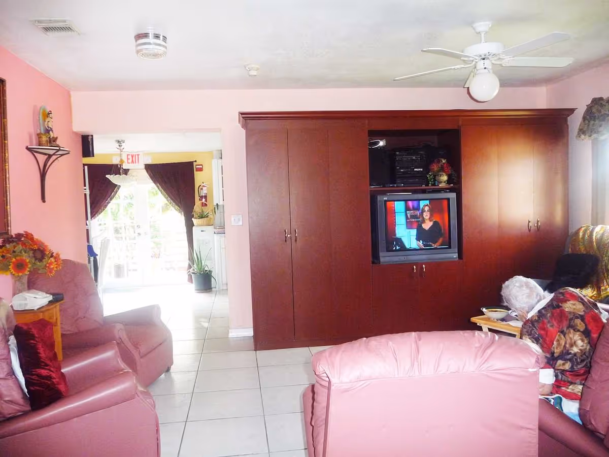 Cozy living room with pink walls, pink leather recliners, a large wooden entertainment cabinet with a TV, and an elderly woman seated at a side table.