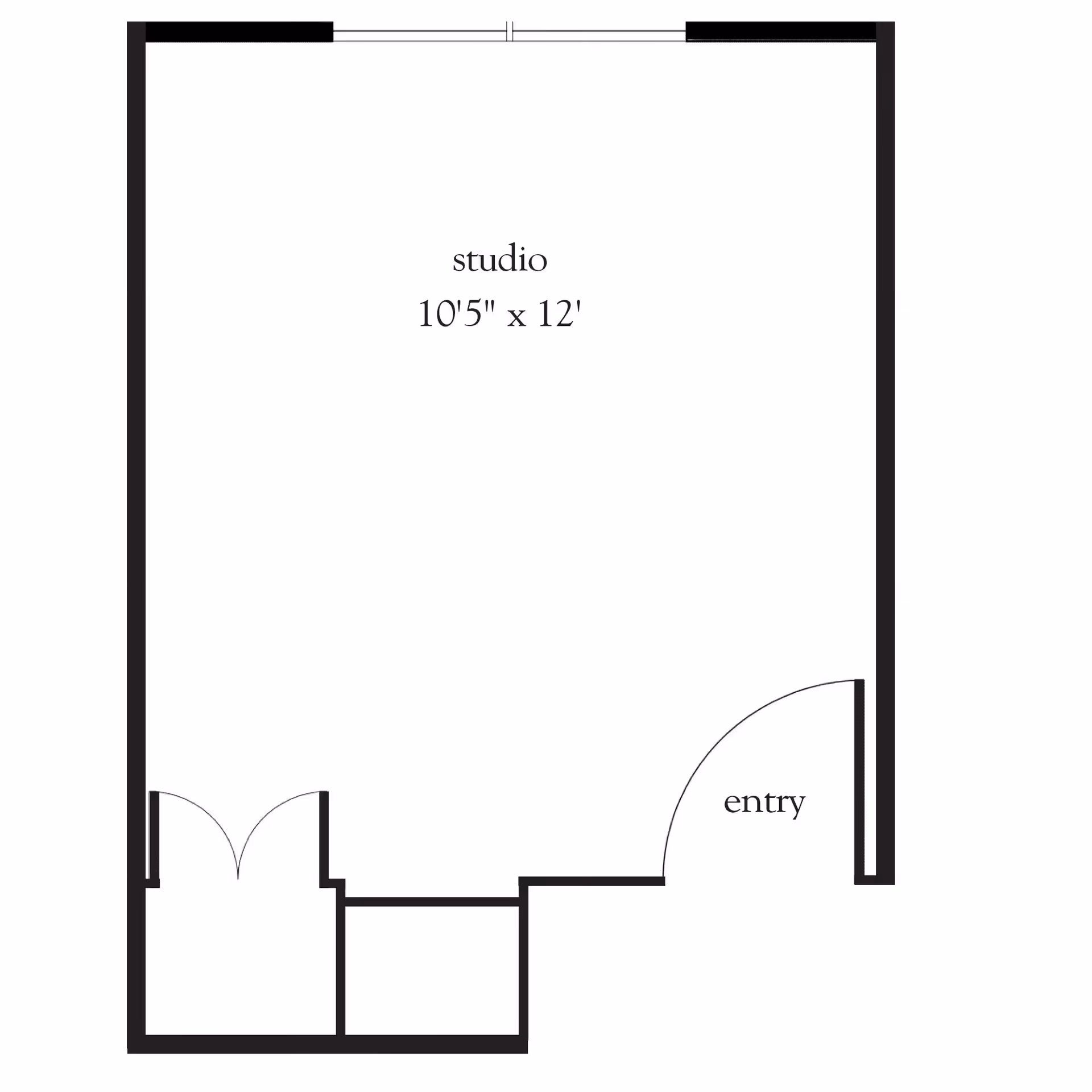 Floor plan of a studio apartment measuring 10 feet 5 inches by 12 feet, showing an entry door and a small closet area.