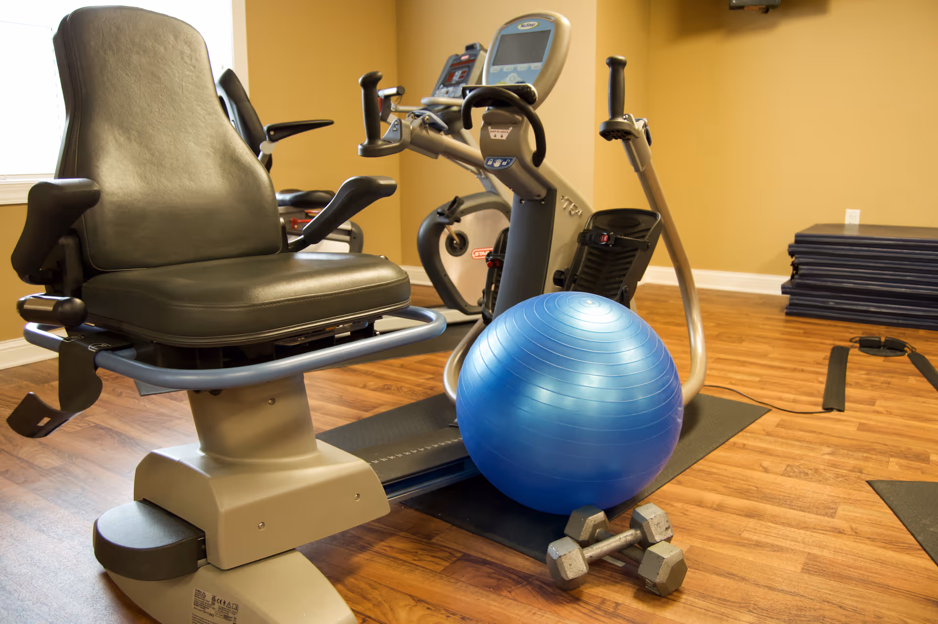 Exercise room with a recumbent bike, a blue stability ball, dumbbells and stacked mats on a wood floor.