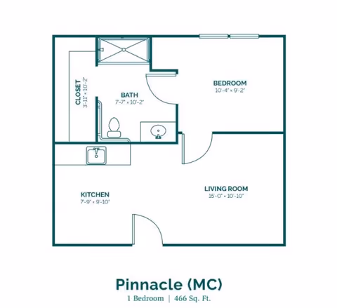 Floor plan of a one-bedroom apartment named Pinnacle (MC) with a total area of 466 square feet. The layout includes a kitchen, living room, bedroom, bathroom, and closet, with dimensions labeled for each room.