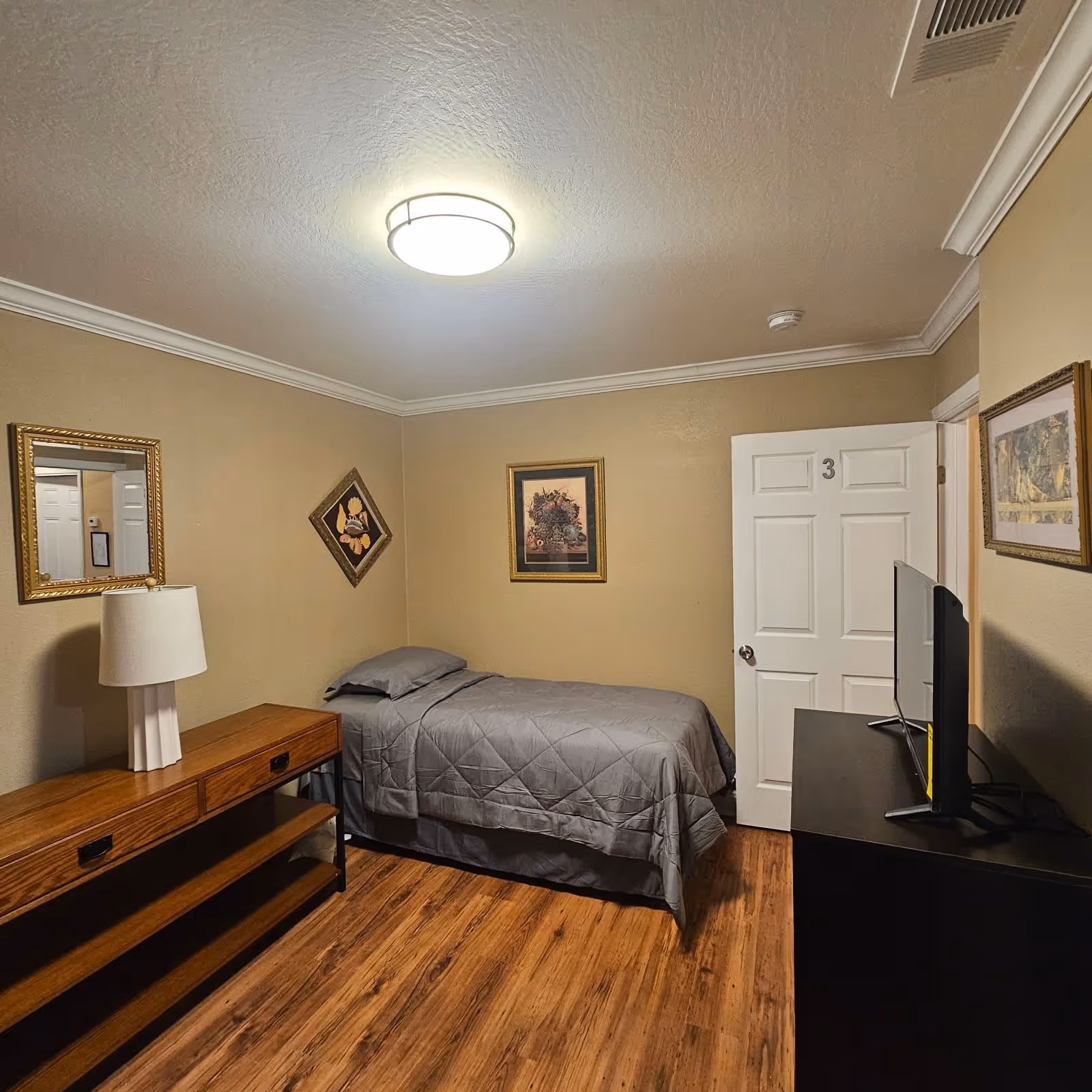 Small furnished bedroom with a single bed, wooden dresser and lamp, TV on a stand, framed artwork, and a door marked "3".
