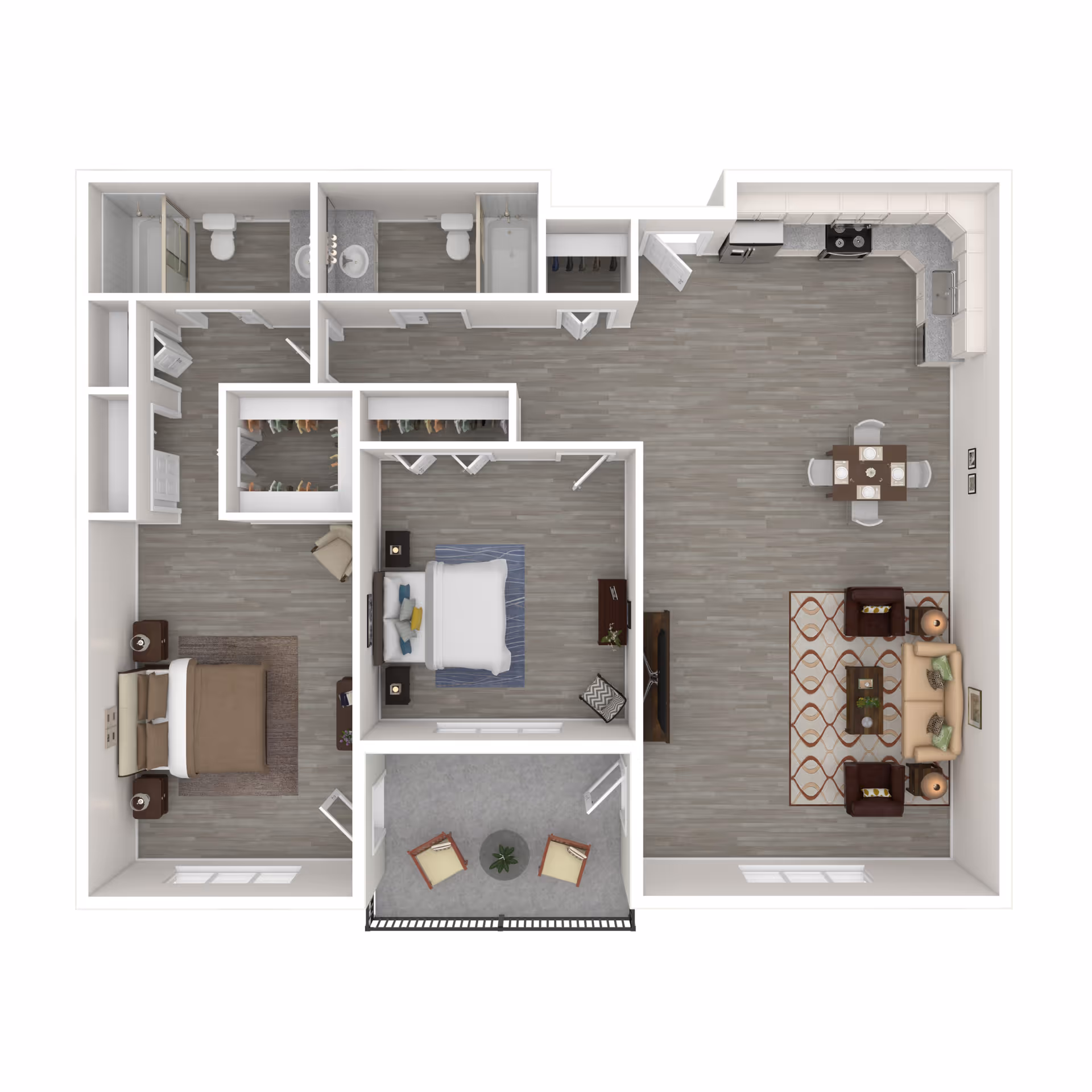 3D floor plan of an apartment featuring two bedrooms, two bathrooms, a kitchen with dining area, a living room, and a balcony with two chairs and a small table.
