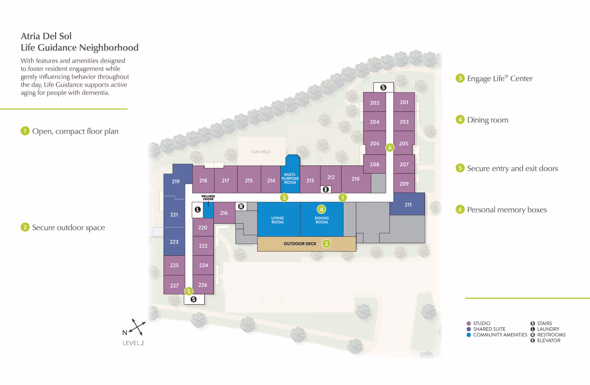 Floor plan of Atria Del Sol Life Guidance Neighborhood showing an open, compact layout with labeled areas including studio and shared suites, community amenities such as a living room, dining room, wellness center, multi-purpose room, outdoor deck, and secure outdoor space. The plan highlights features like secure entry and exit doors, personal memory boxes, stairs, laundry, restrooms, and elevator locations.