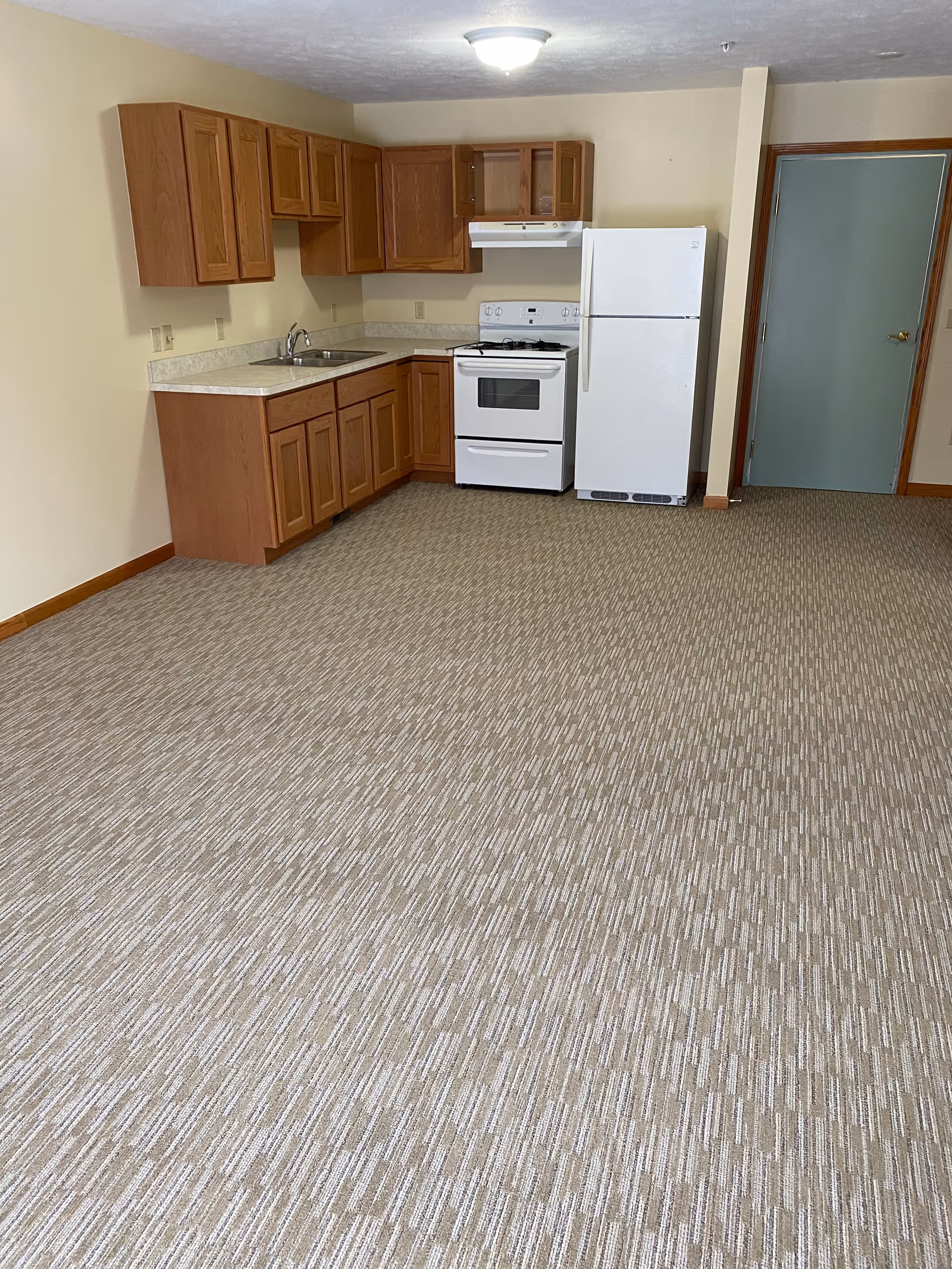 Small open kitchen with wood cabinets, a white stove and refrigerator, a sink, and carpeted flooring.