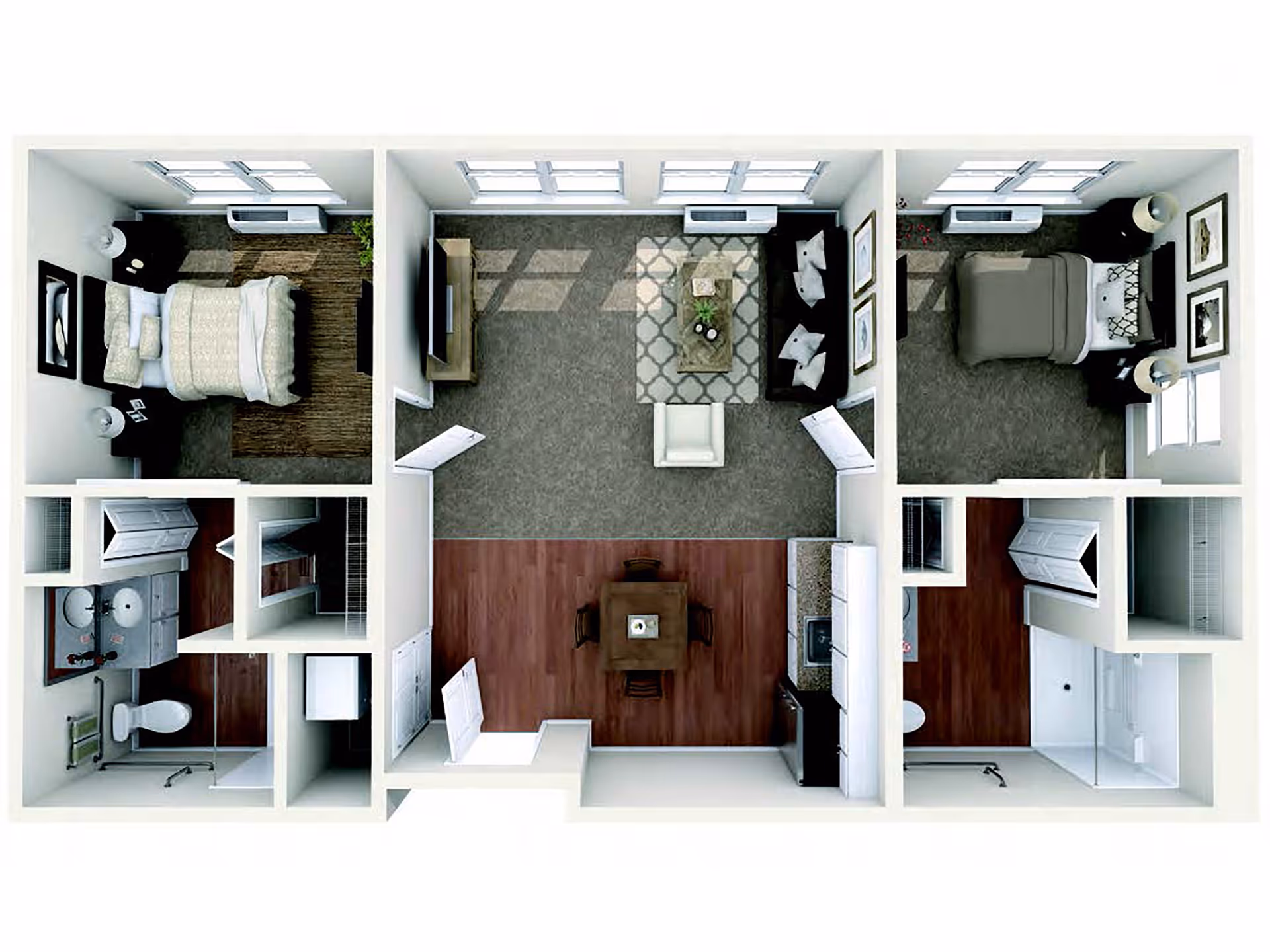 Top-down view of a two-bedroom apartment floor plan featuring two bedrooms on either side, each with a bed, nightstands, and lamps. The center area includes a living room with a sofa, armchair, coffee table, and TV, and a dining area with a table and four chairs adjacent to a kitchen with appliances and cabinetry. Each bedroom has an attached bathroom with a shower, sink, and toilet.