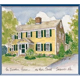 Watercolor illustration of a two-story yellow house with green shutters, a small front porch, chimney, and surrounding trees.