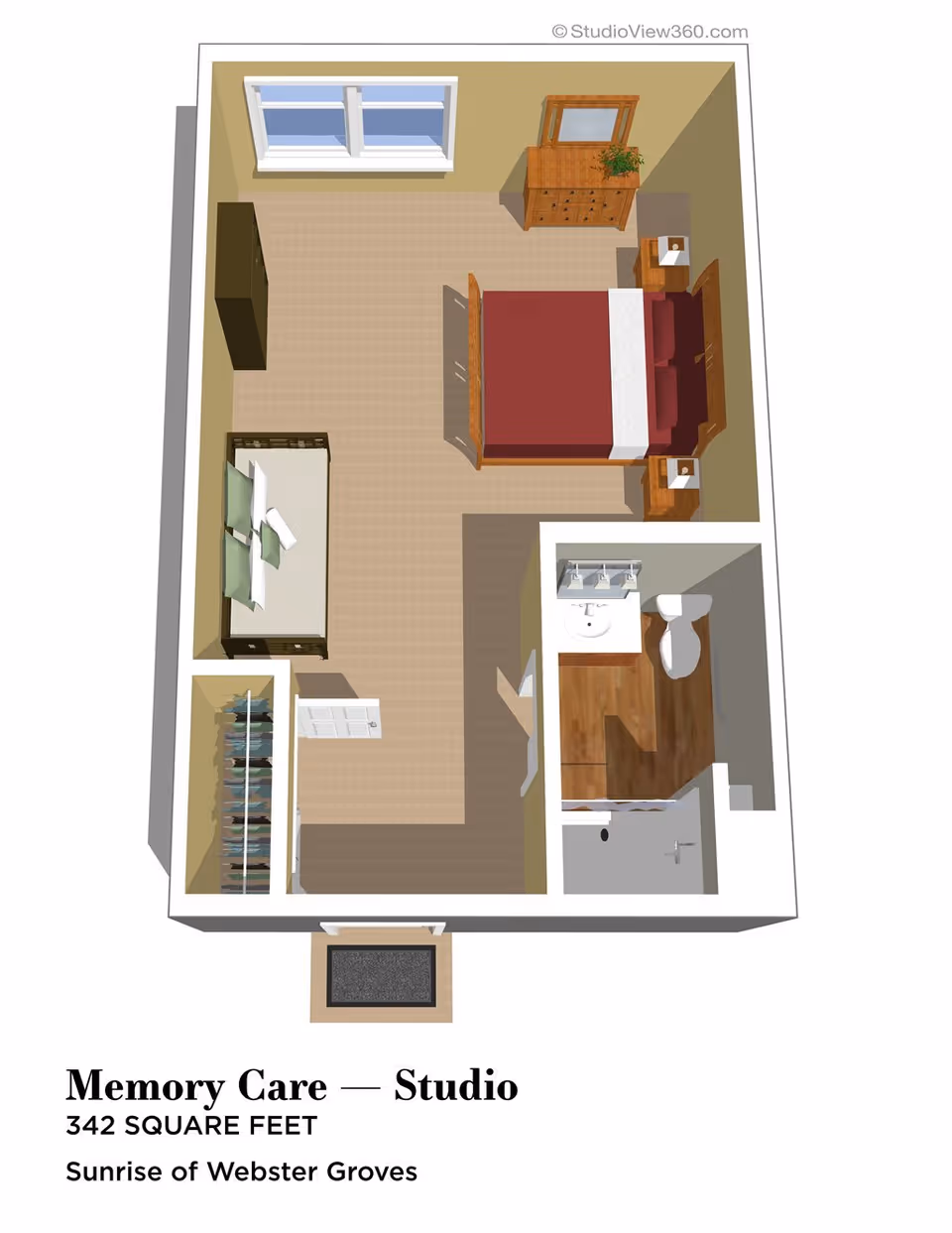 3D floor plan of a memory care studio apartment at Sunrise of Webster Groves, showing a combined living and sleeping area with a bed, dresser, nightstands, a small couch, a closet, and a bathroom with a sink, toilet, and shower.