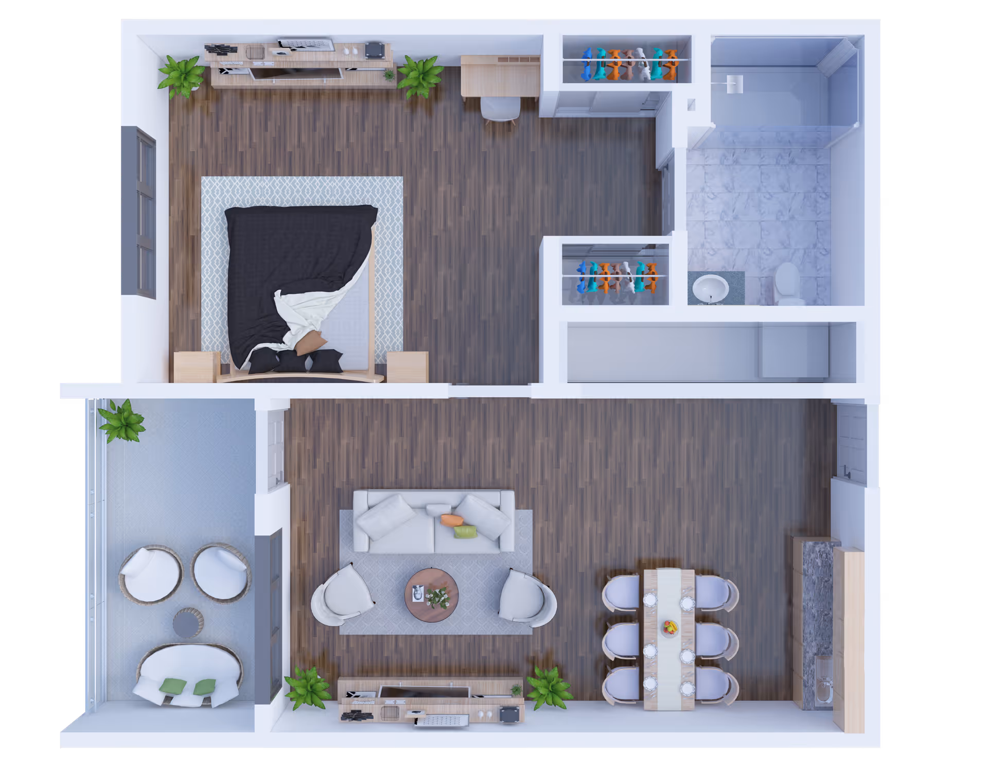 Top-down view of a senior living apartment floor plan featuring a bedroom with a bed, nightstands, plants, and a desk area; a bathroom with a shower, toilet, and sink; a living room with a sofa, two chairs, a coffee table, and a TV stand; a dining area with a table set for six; a kitchen with a sink and countertop; and a small balcony with outdoor seating and plants.