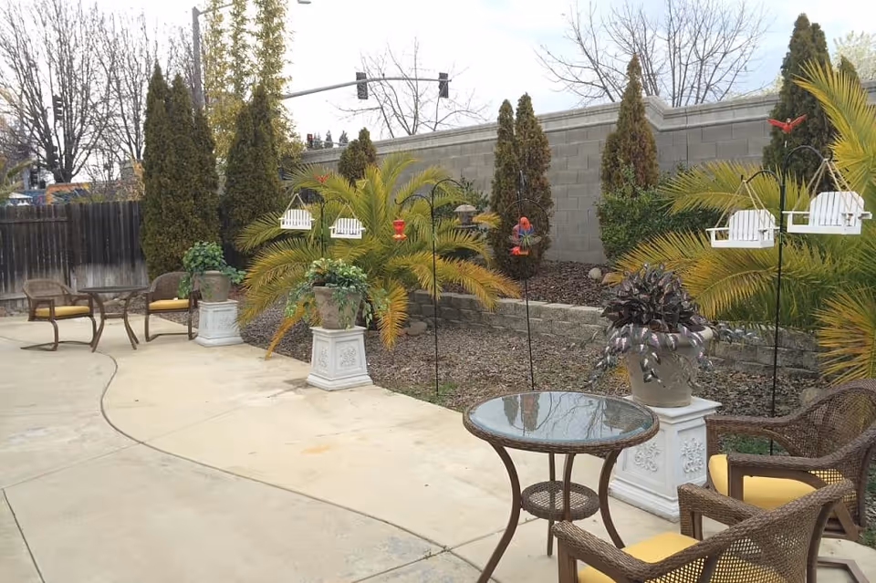 Outdoor patio with wicker chairs and a glass-top table surrounded by potted plants, bird feeders, and a low cinderblock wall.