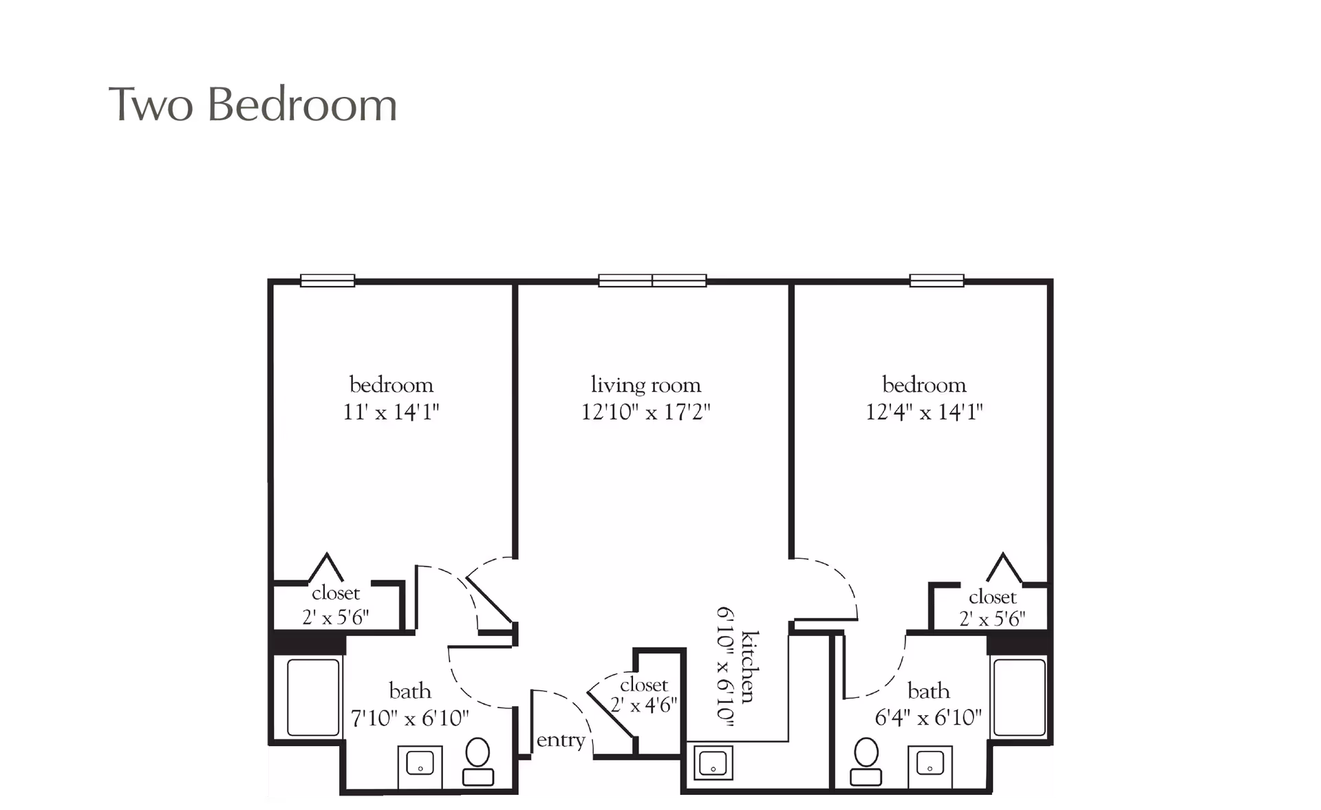 Black-and-white floor plan diagram of a two-bedroom apartment showing two bedrooms, a living room, kitchen, two bathrooms, closets and room dimensions.