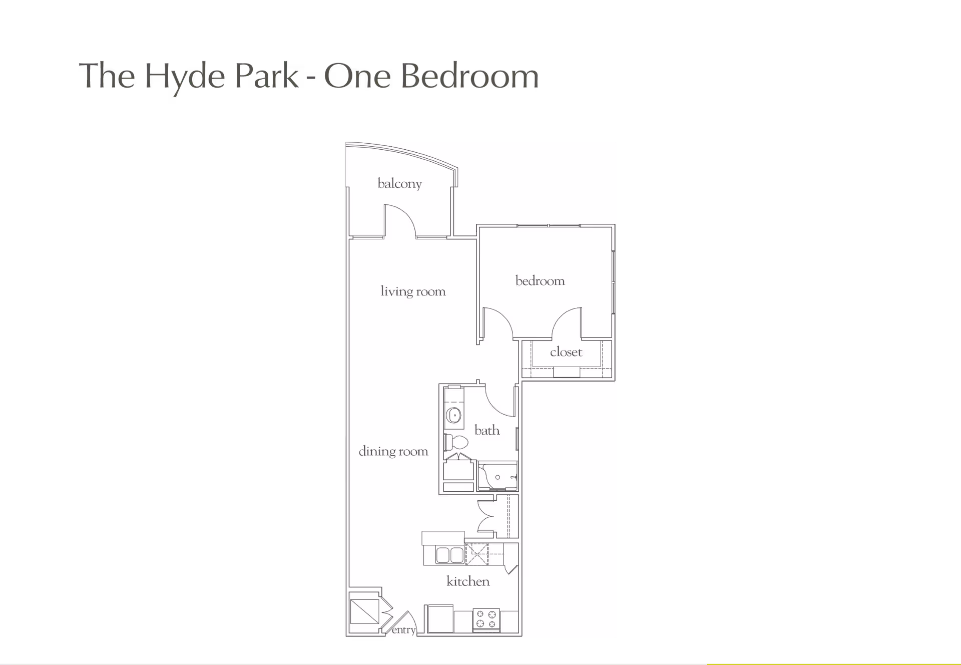 Floor plan titled 'The Hyde Park - One Bedroom' showing a layout with an entry, kitchen, dining room, living room with balcony, one bedroom with closet, and a bathroom.