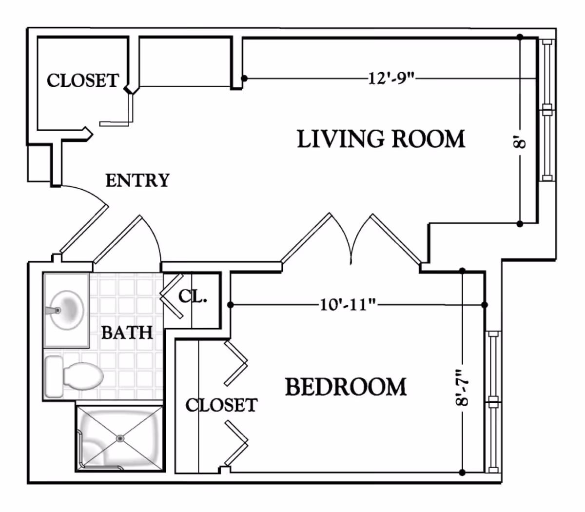 Architectural floor plan of a senior living unit at Fairmont Senior Living of Northville showing an entry area, living room, bedroom, bathroom with shower, toilet and sink, and multiple closets.